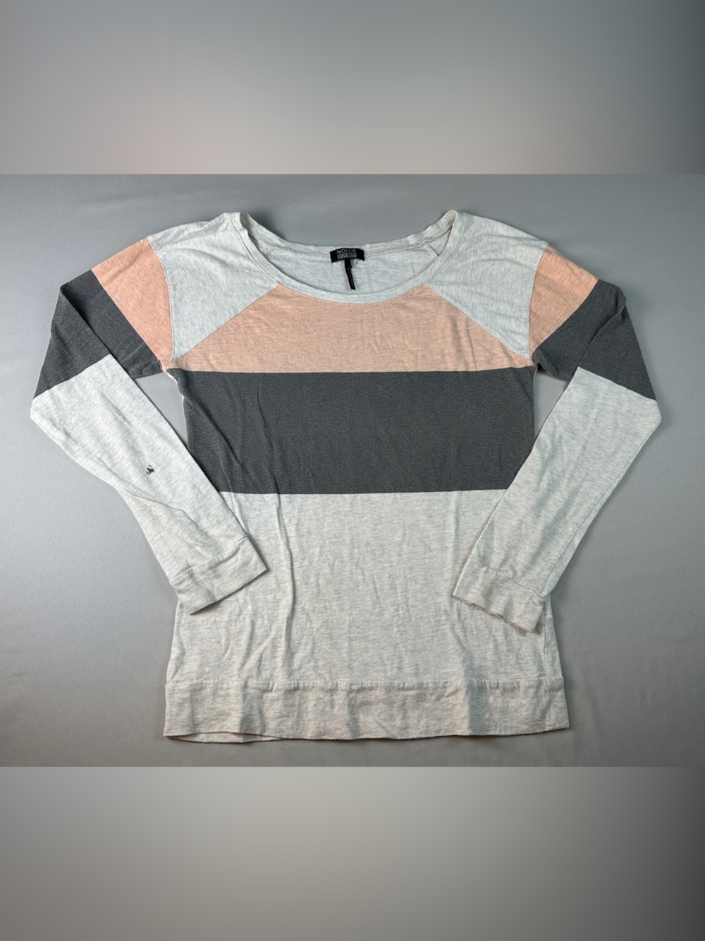 Nollie Colorblock Shirt Long Sleeve Top Crew Neck Gray Peach